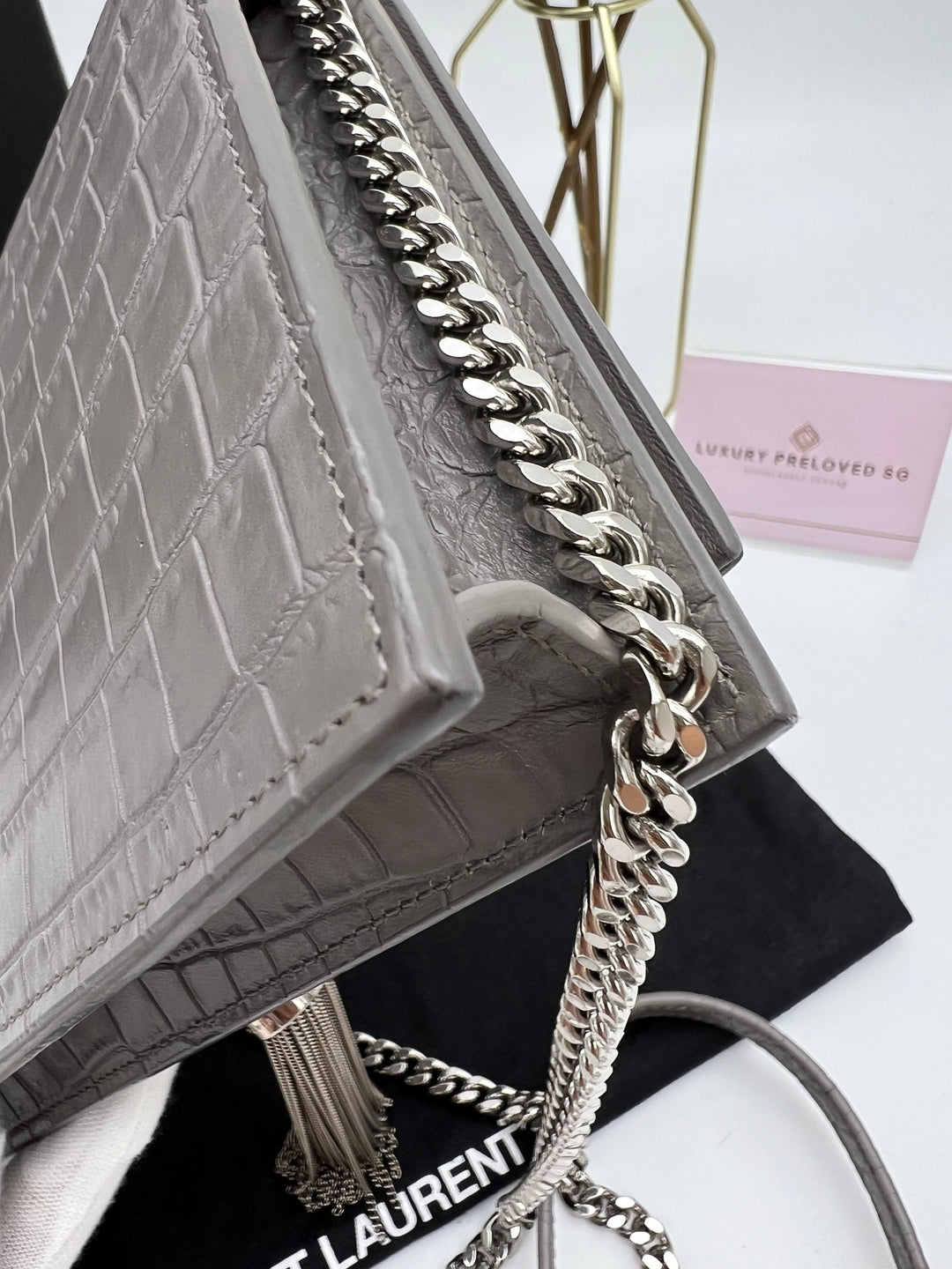 YVES SAINT LAURENT MONOGRAM KATE SMALL TASSEL EMBOSSED CROC BAG