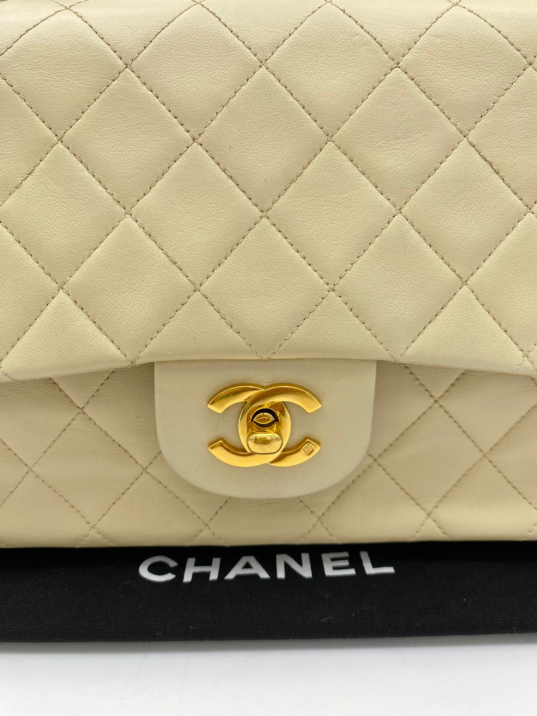 CHANEL VINTAGE DOUBLE FLAP LAMBSKIN BEIGE MEDIUM