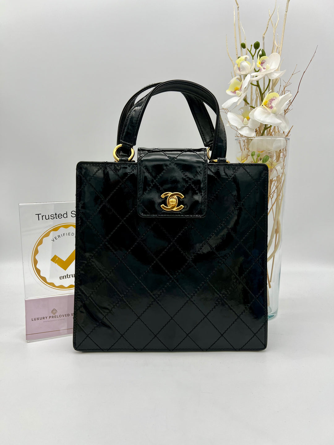 CHANEL PATENT QUILTED TOP HANDLE TOTE BLACK
