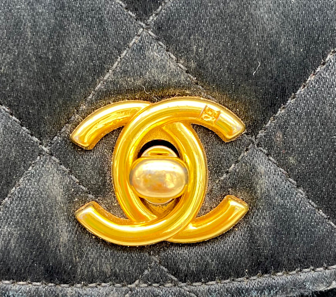 CHANEL VINTAGE HALF MOON BLACK SATIN BAG