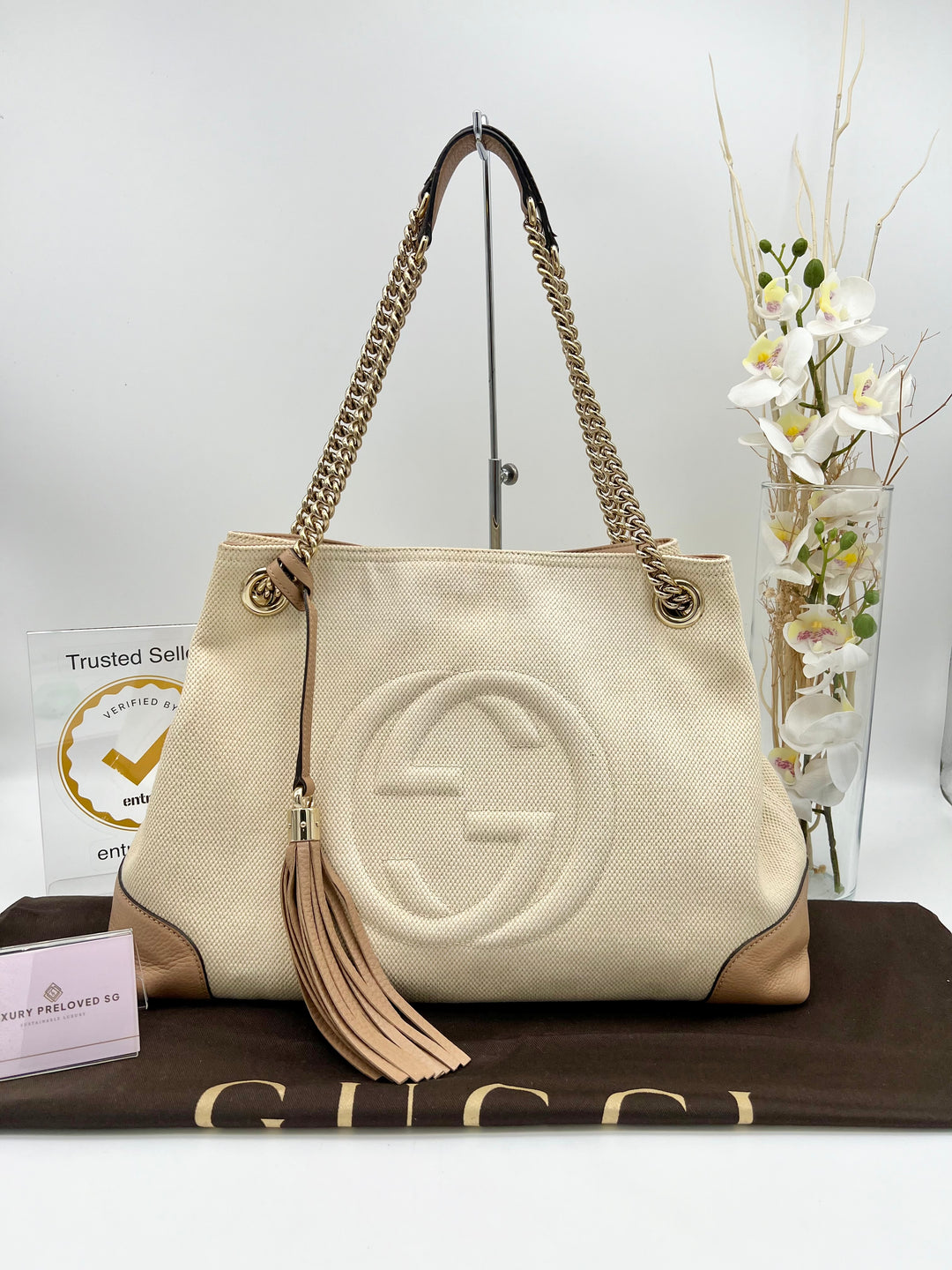 GUCCI SOHO HOBO CHAIN BAG CANVAS