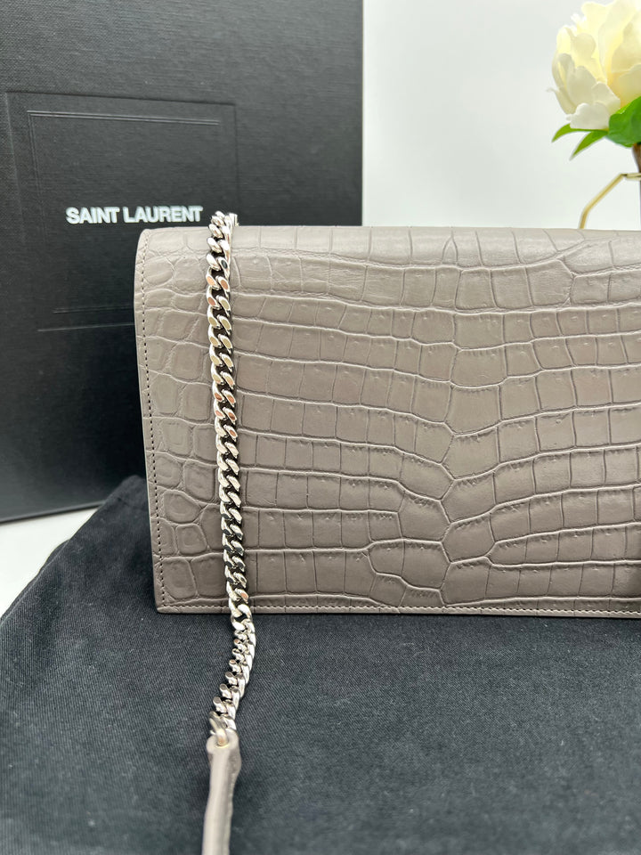 YVES SAINT LAURENT MONOGRAM KATE SMALL TASSEL EMBOSSED CROC BAG