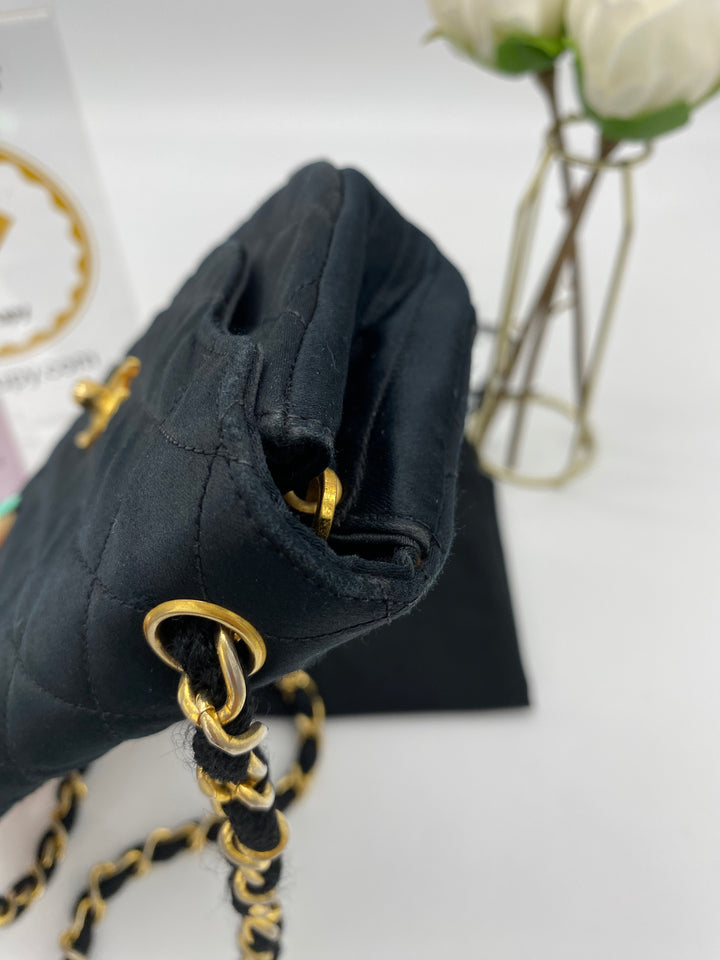 CHANEL VINTAGE HALF MOON BLACK SATIN BAG