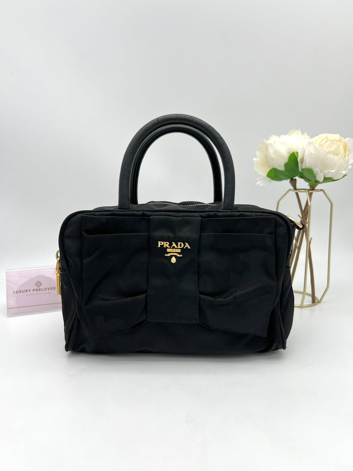 PRADA QUILTED BOW TOP HANDLE NYLON BAG
