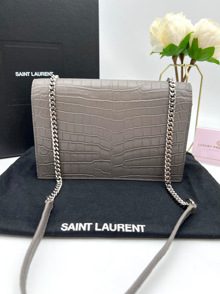 YVES SAINT LAURENT MONOGRAM KATE SMALL TASSEL EMBOSSED CROC BAG