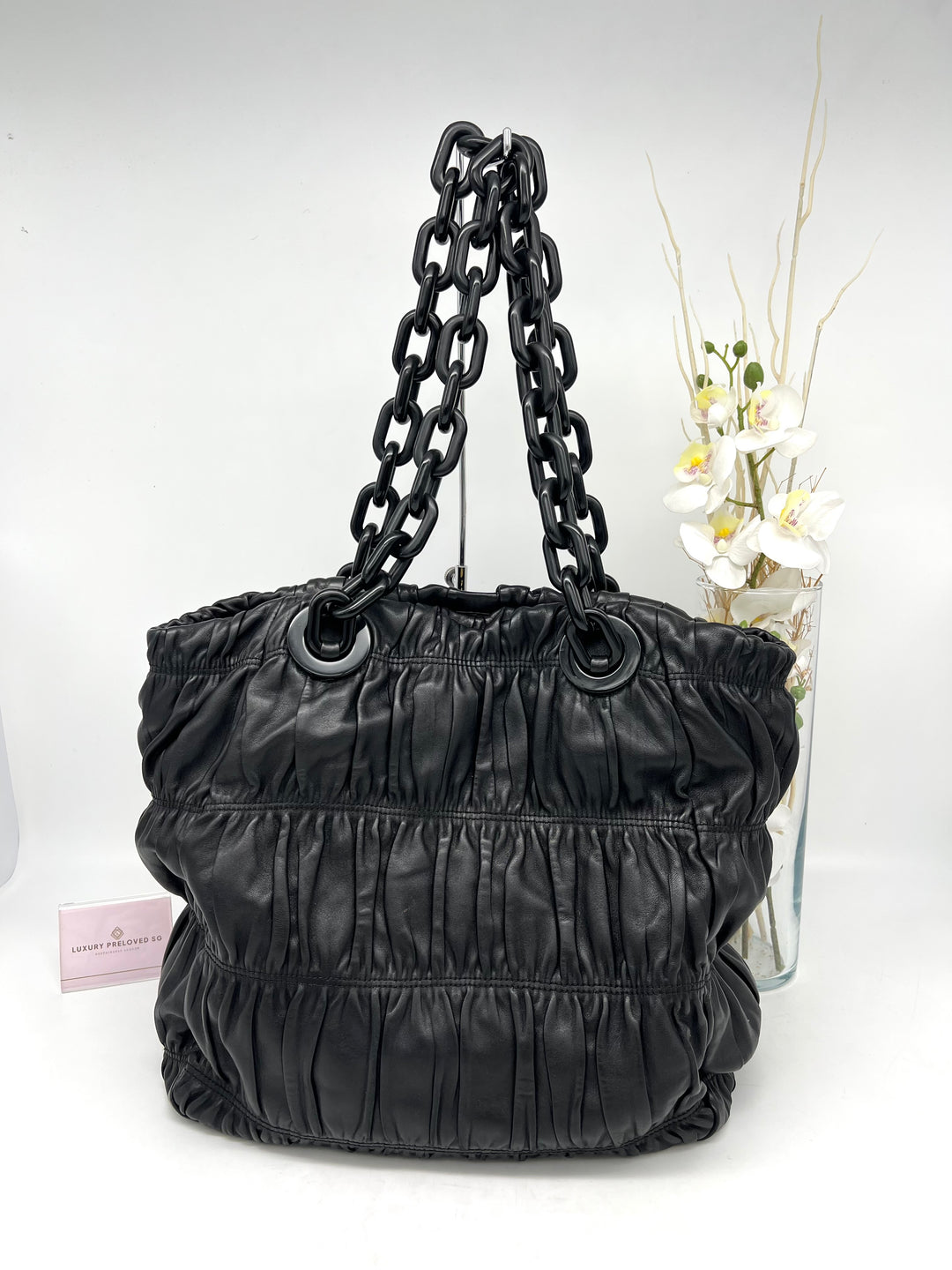 PRADA LEATHER GATHER NAPPA CHUNKY CHAIN SHOULDER BAG