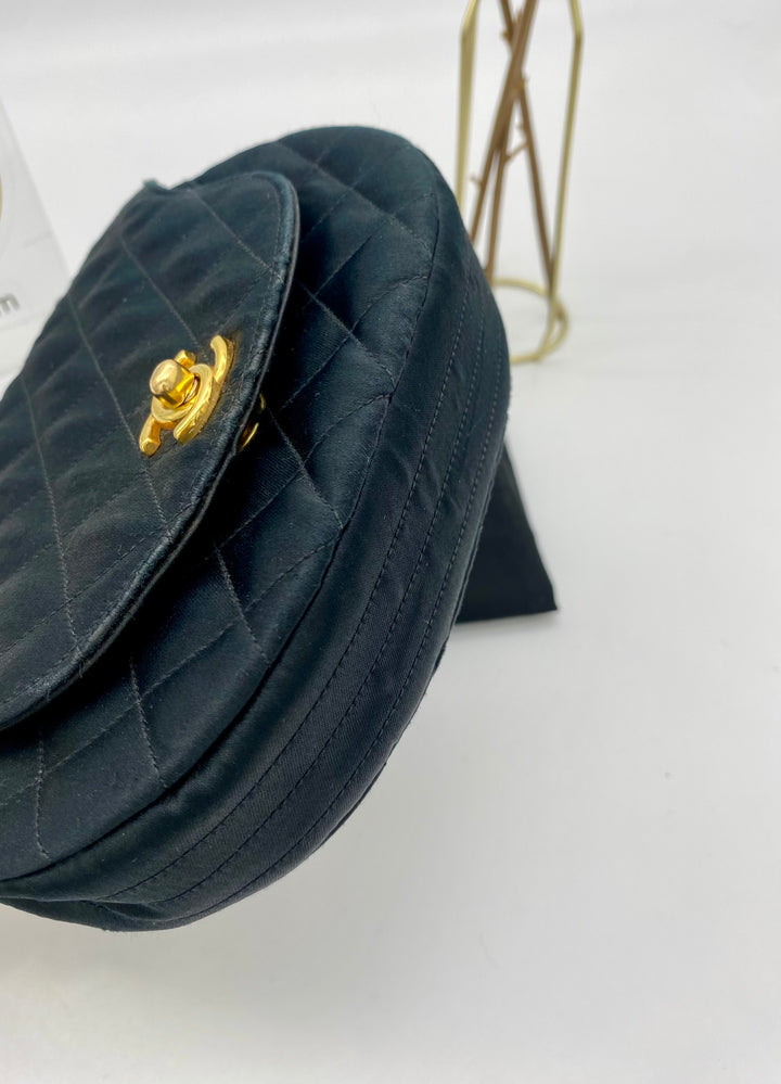 CHANEL VINTAGE HALF MOON BLACK SATIN BAG