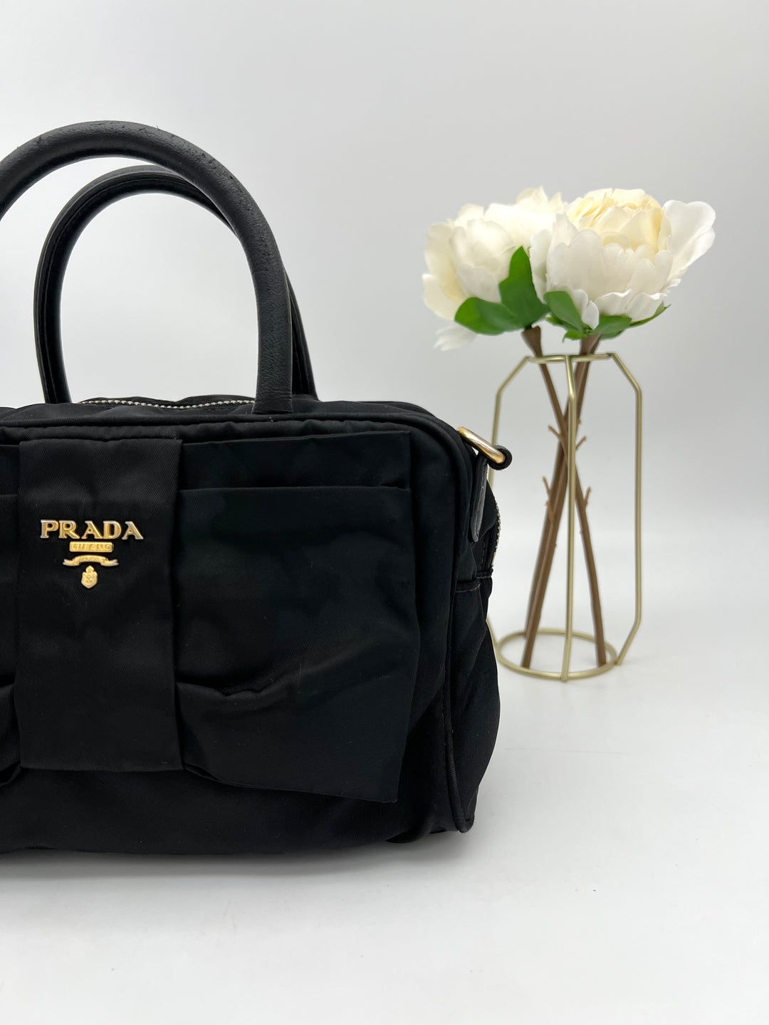 PRADA QUILTED BOW TOP HANDLE NYLON BAG