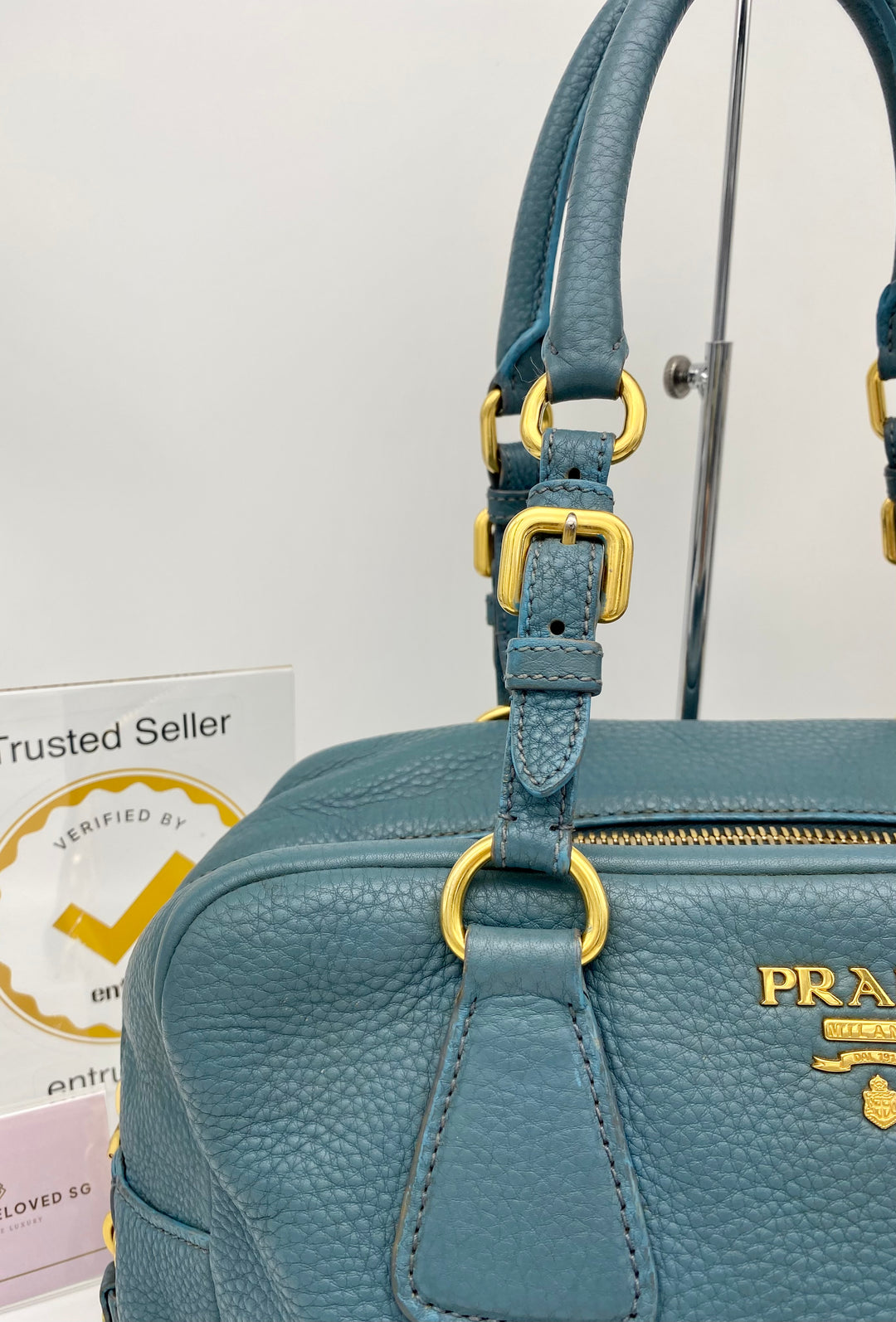 PRADA BLUE LEATHER DAINO BOSTON BAG