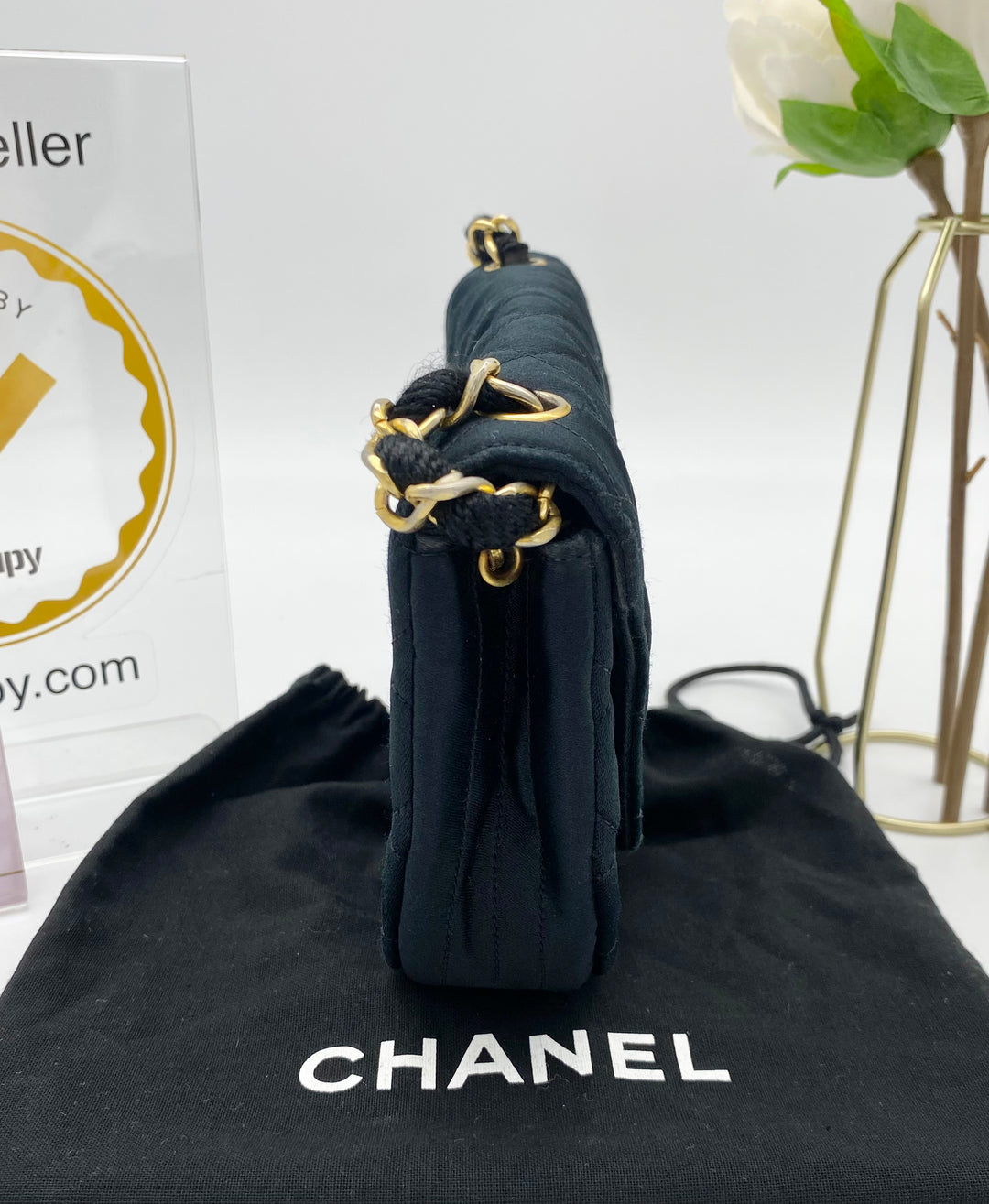 CHANEL VINTAGE HALF MOON BLACK SATIN BAG