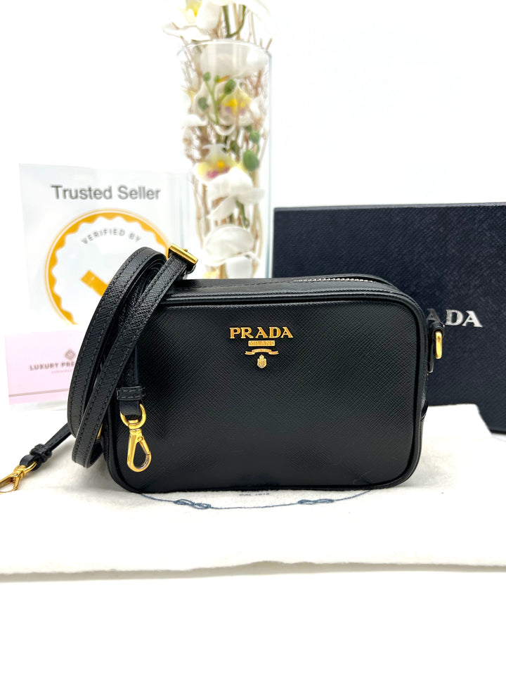 PRADA MINI CAMERA BAG SAFFIANO BLACK