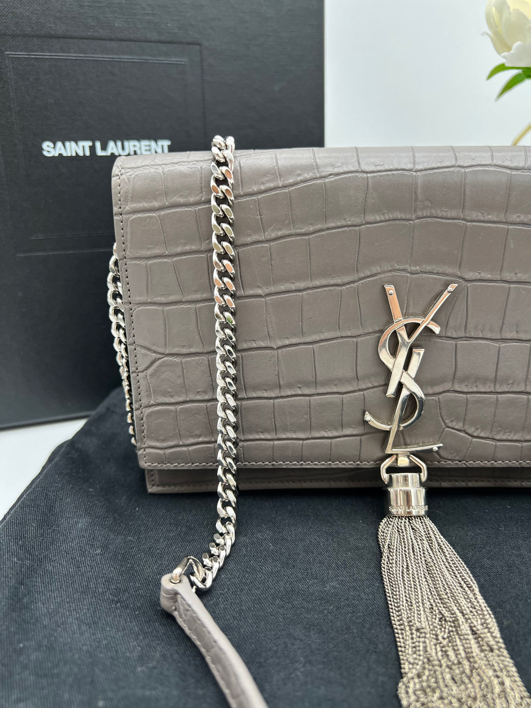 YVES SAINT LAURENT MONOGRAM KATE SMALL TASSEL EMBOSSED CROC BAG