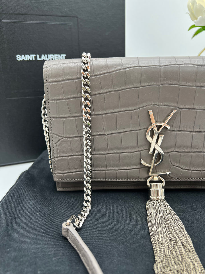 YVES SAINT LAURENT MONOGRAM KATE SMALL TASSEL EMBOSSED CROC BAG
