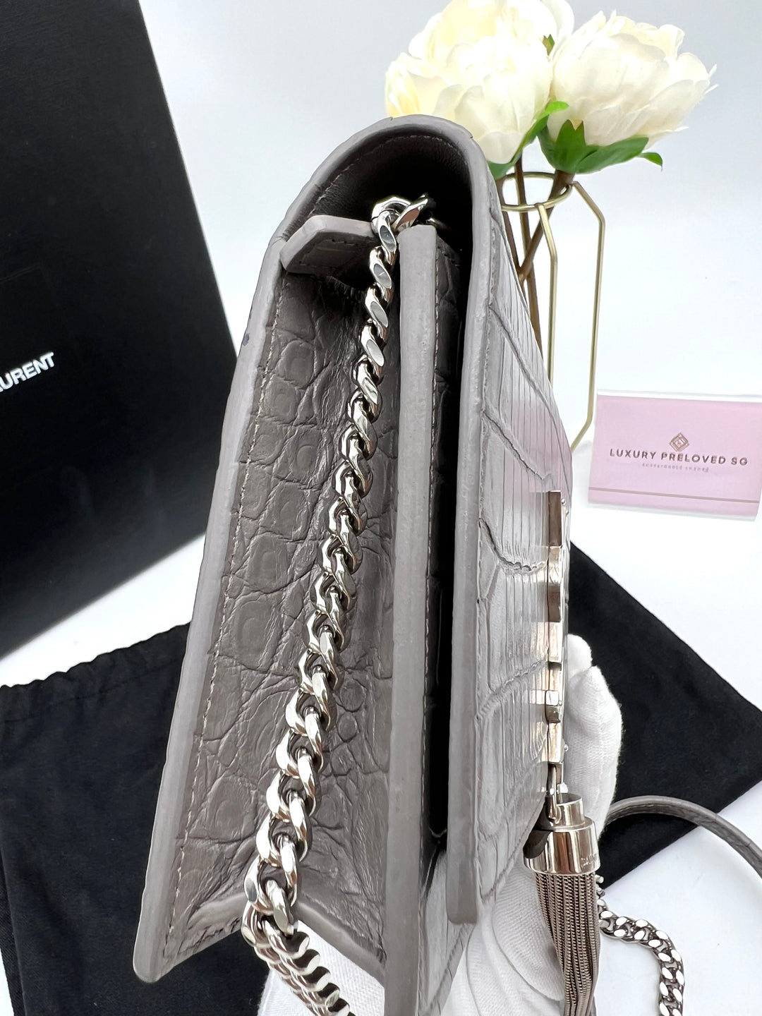 YVES SAINT LAURENT MONOGRAM KATE SMALL TASSEL EMBOSSED CROC BAG