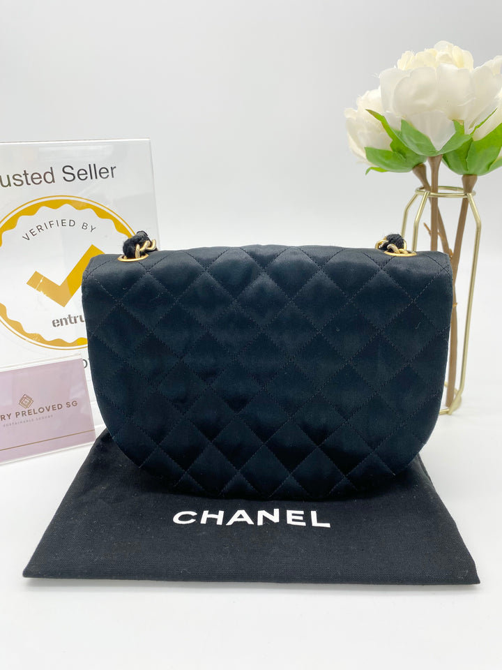 CHANEL VINTAGE HALF MOON BLACK SATIN BAG