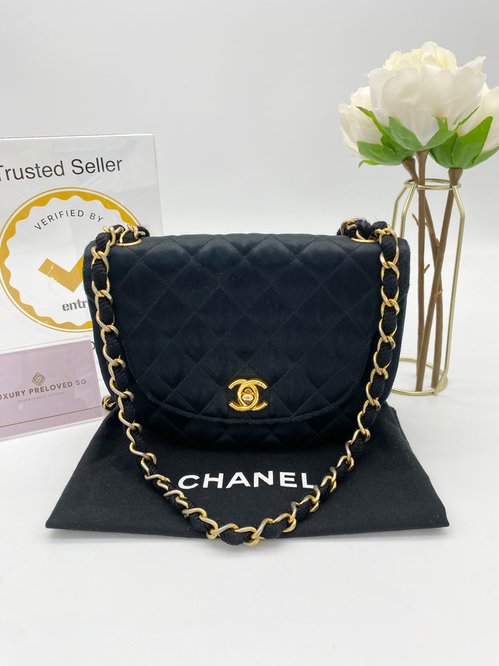 CHANEL VINTAGE HALF MOON BLACK SATIN BAG