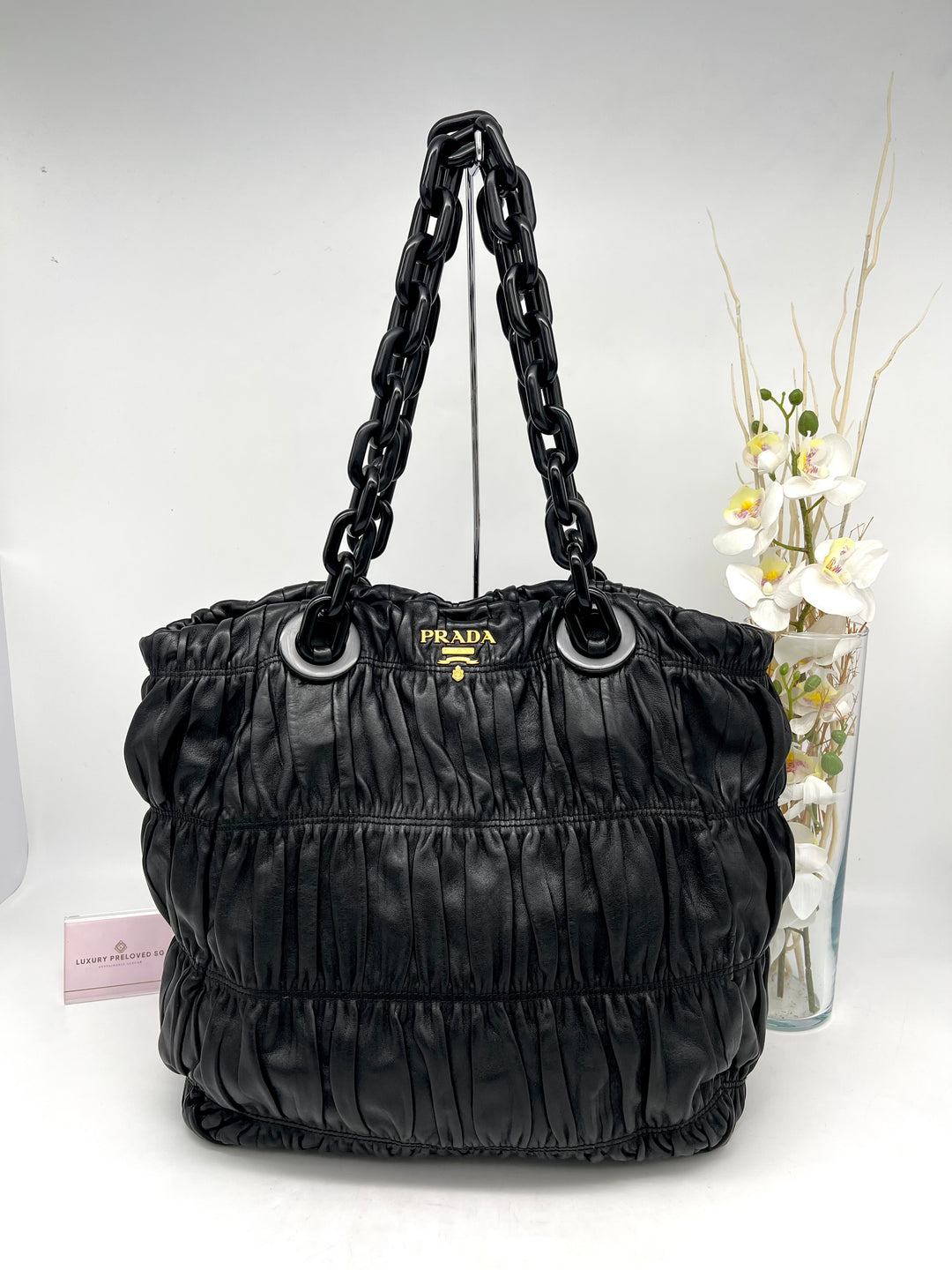 PRADA LEATHER GATHER NAPPA CHUNKY CHAIN SHOULDER BAG