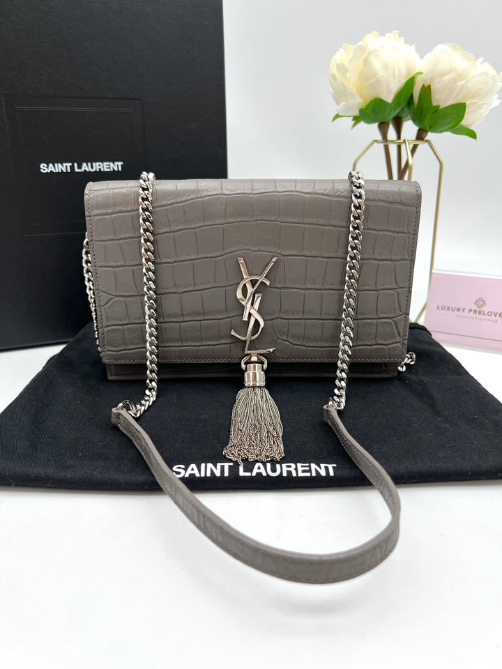 YVES SAINT LAURENT MONOGRAM KATE SMALL TASSEL EMBOSSED CROC BAG