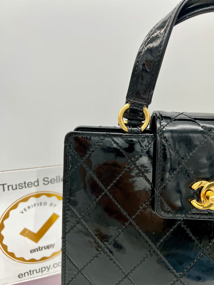 CHANEL PATENT QUILTED TOP HANDLE TOTE BLACK