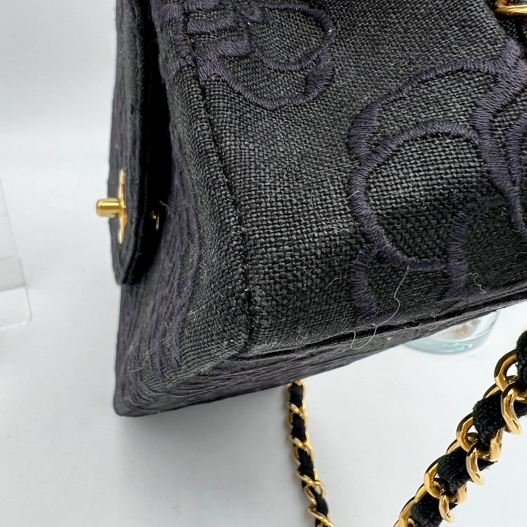 CHANEL CAMELLIA EMBROIDERY BLACK CLASSIC FLAP SHOULDER BAG