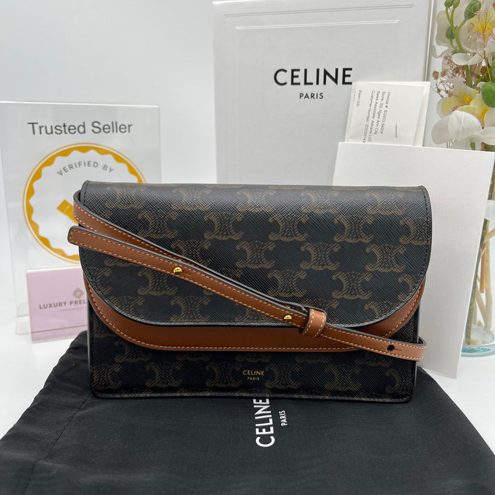 CELINE TRIOMPHE WALLET ON STRAP TAN