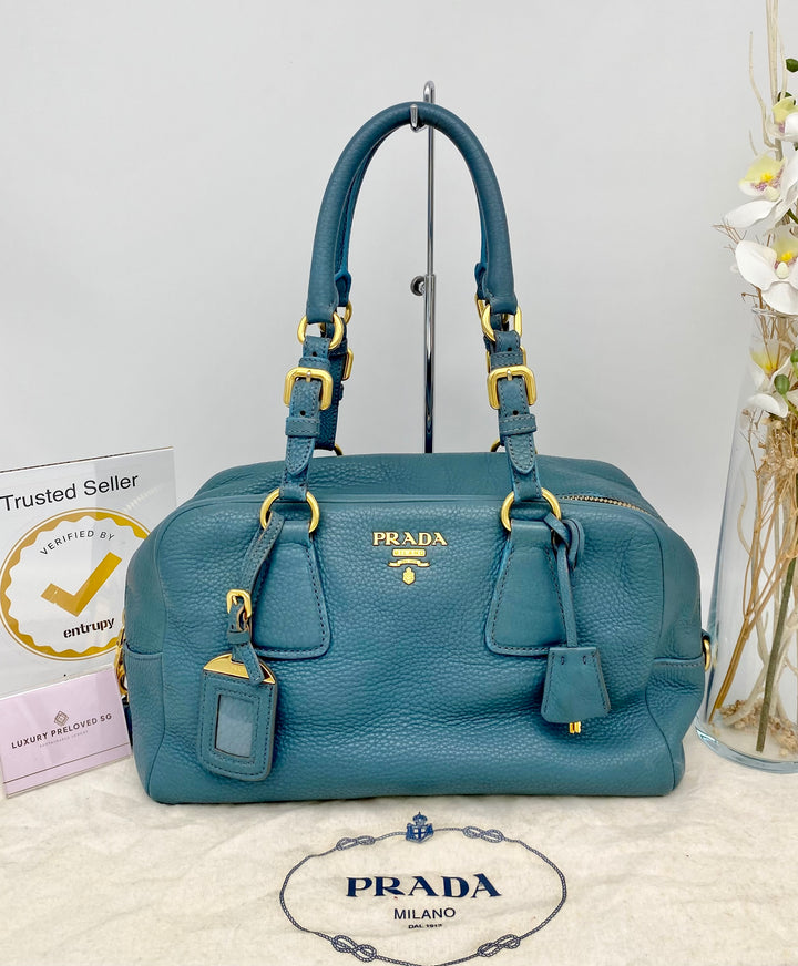 PRADA BLUE LEATHER DAINO BOSTON BAG