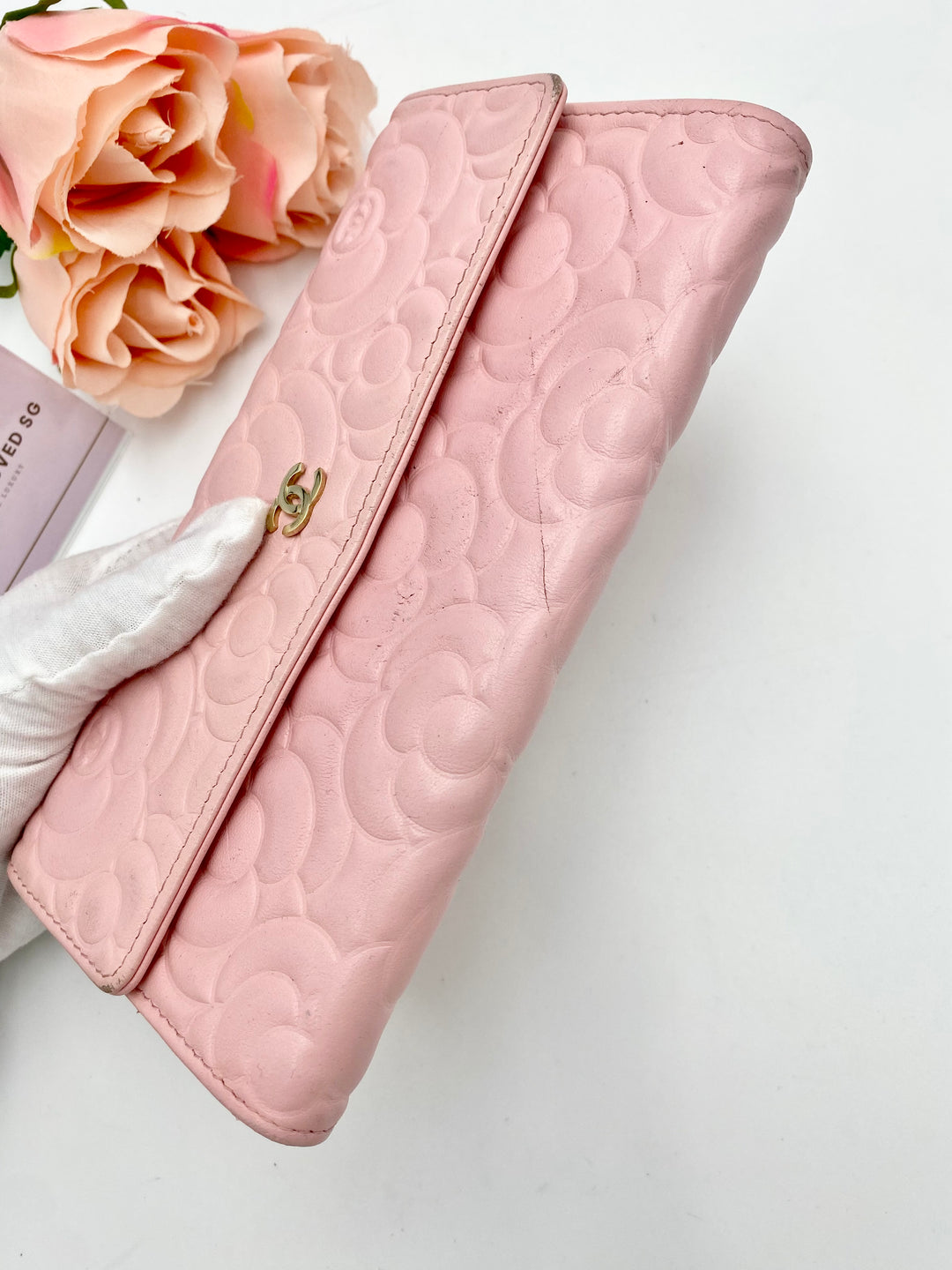 CHANEL CAVIAR CAMELLIA EMBOSSED WALLET