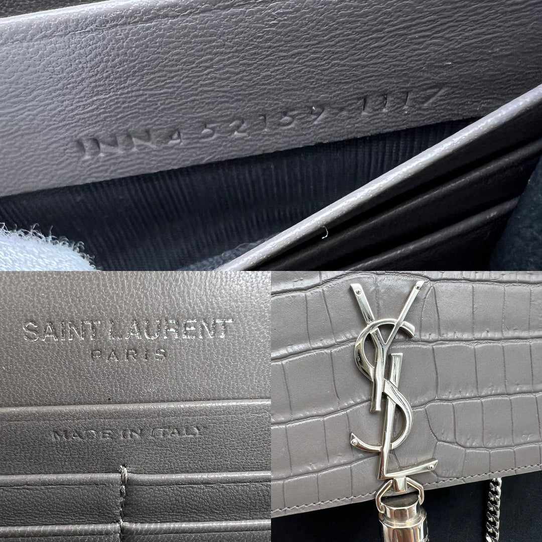 YVES SAINT LAURENT MONOGRAM KATE SMALL TASSEL EMBOSSED CROC BAG