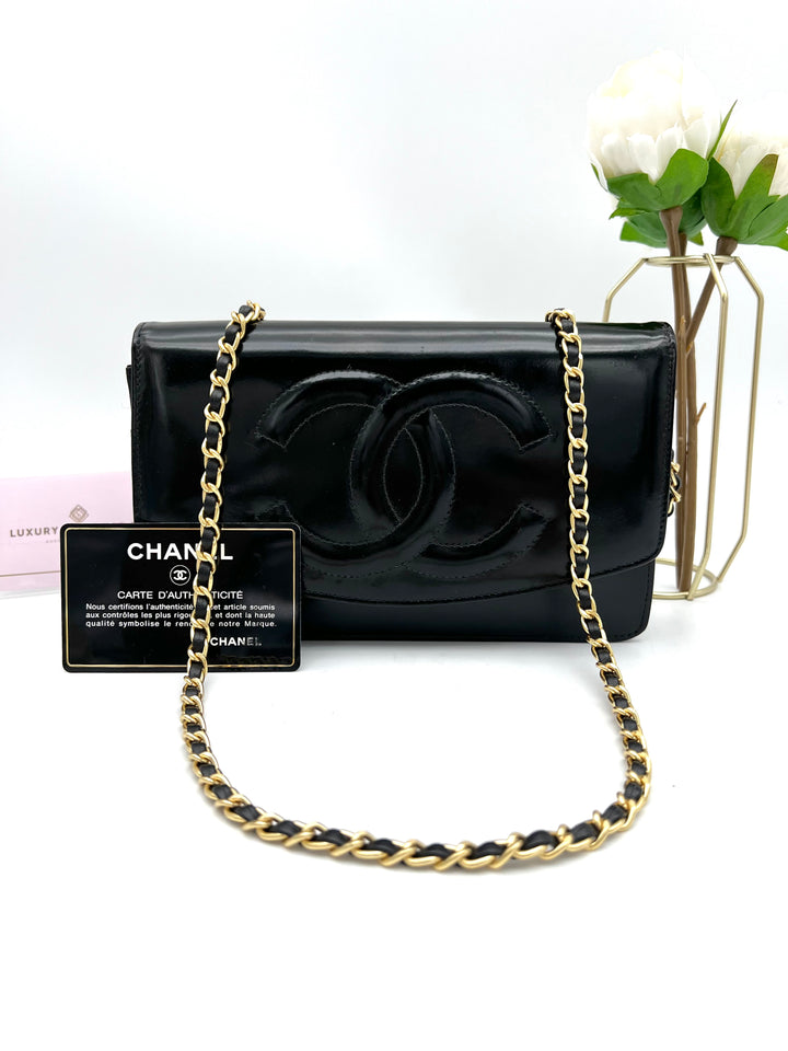 CHANEL TIMELESS WALLET ON CHAIN BLACK PATENT