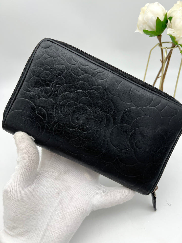 CHANEL LAMBSKIN CAMELLIA EMBOSSED ZIP AROUND ORGANISER WALLET