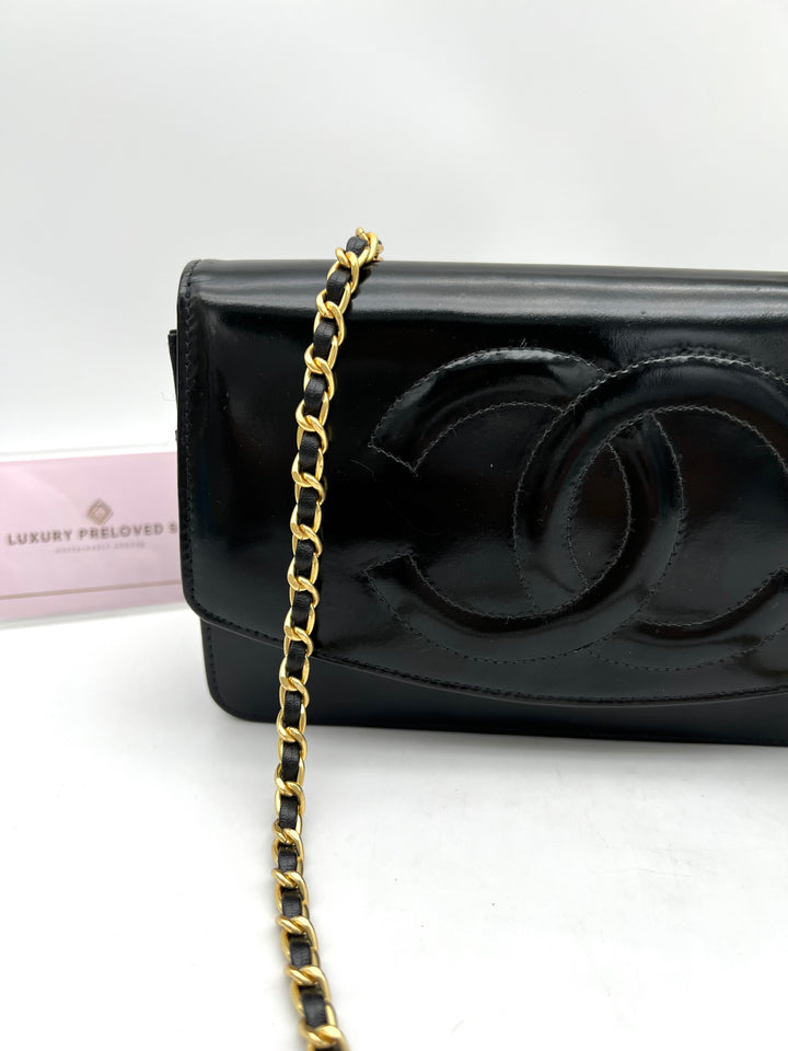 CHANEL TIMELESS WALLET ON CHAIN BLACK PATENT