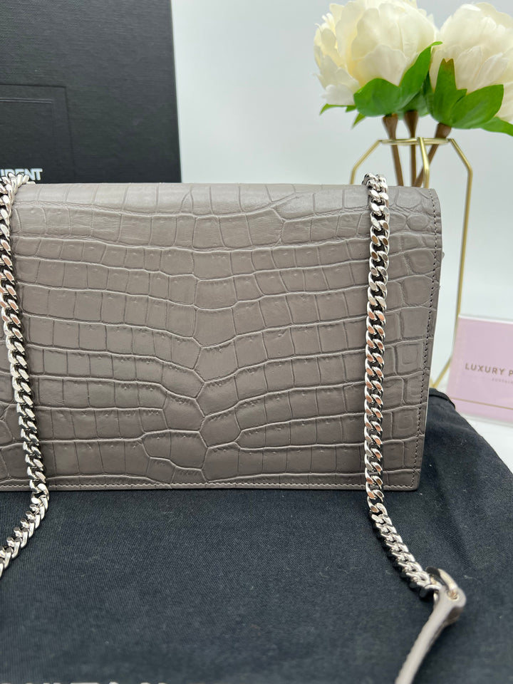 YVES SAINT LAURENT MONOGRAM KATE SMALL TASSEL EMBOSSED CROC BAG