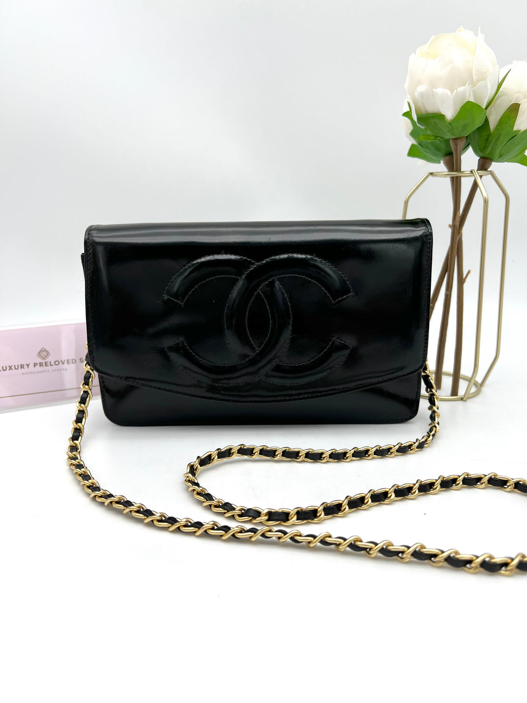 CHANEL TIMELESS WALLET ON CHAIN BLACK PATENT