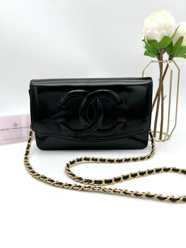CHANEL TIMELESS WALLET ON CHAIN BLACK PATENT