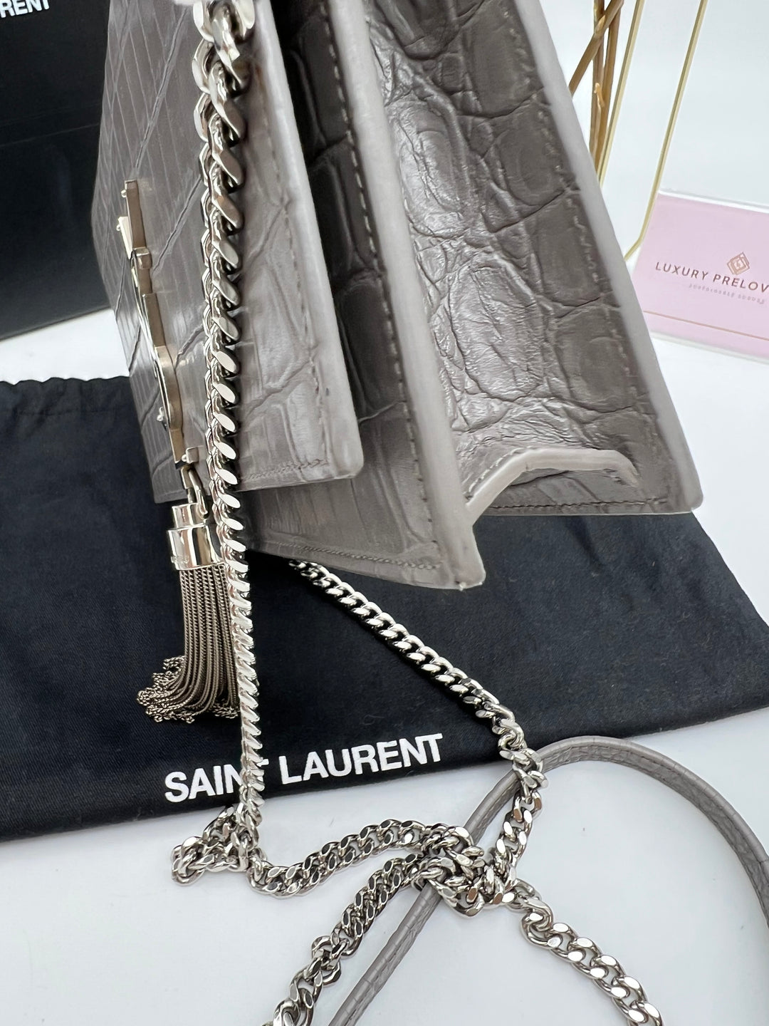 YVES SAINT LAURENT MONOGRAM KATE SMALL TASSEL EMBOSSED CROC BAG