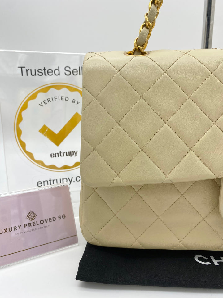 CHANEL VINTAGE DOUBLE FLAP LAMBSKIN BEIGE MEDIUM