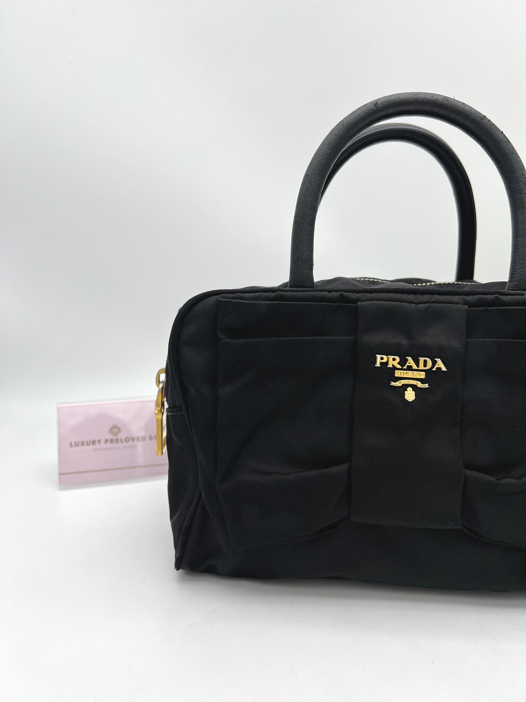 PRADA QUILTED BOW TOP HANDLE NYLON BAG