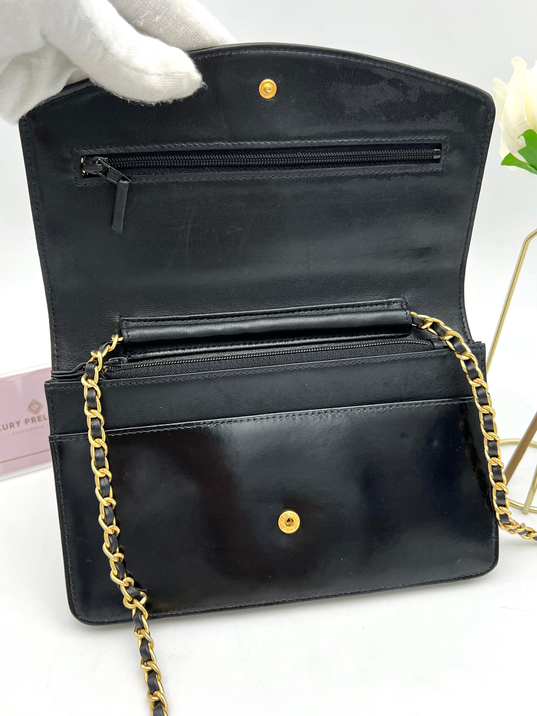 CHANEL TIMELESS WALLET ON CHAIN BLACK PATENT