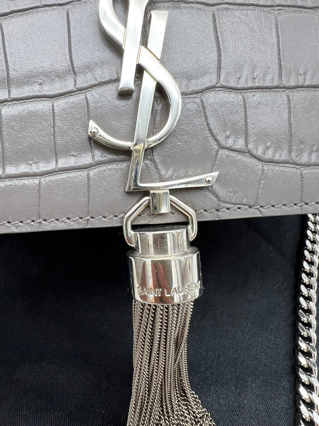 YVES SAINT LAURENT MONOGRAM KATE SMALL TASSEL EMBOSSED CROC BAG