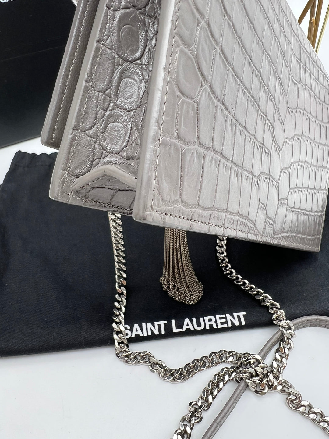 YVES SAINT LAURENT MONOGRAM KATE SMALL TASSEL EMBOSSED CROC BAG