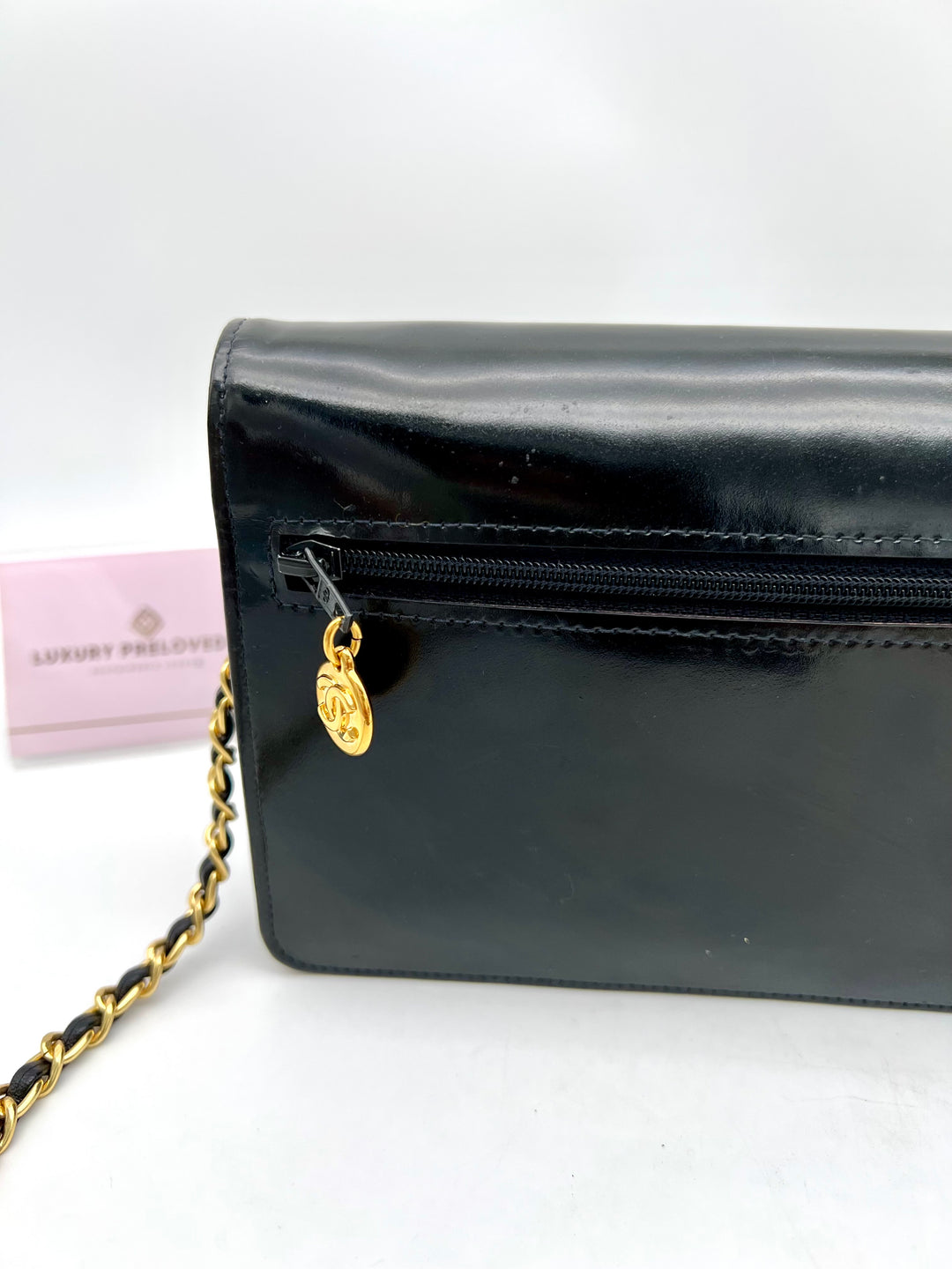 CHANEL TIMELESS WALLET ON CHAIN BLACK PATENT