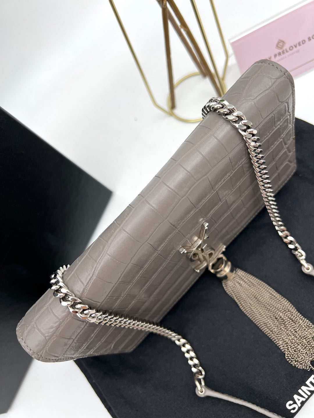 YVES SAINT LAURENT MONOGRAM KATE SMALL TASSEL EMBOSSED CROC BAG