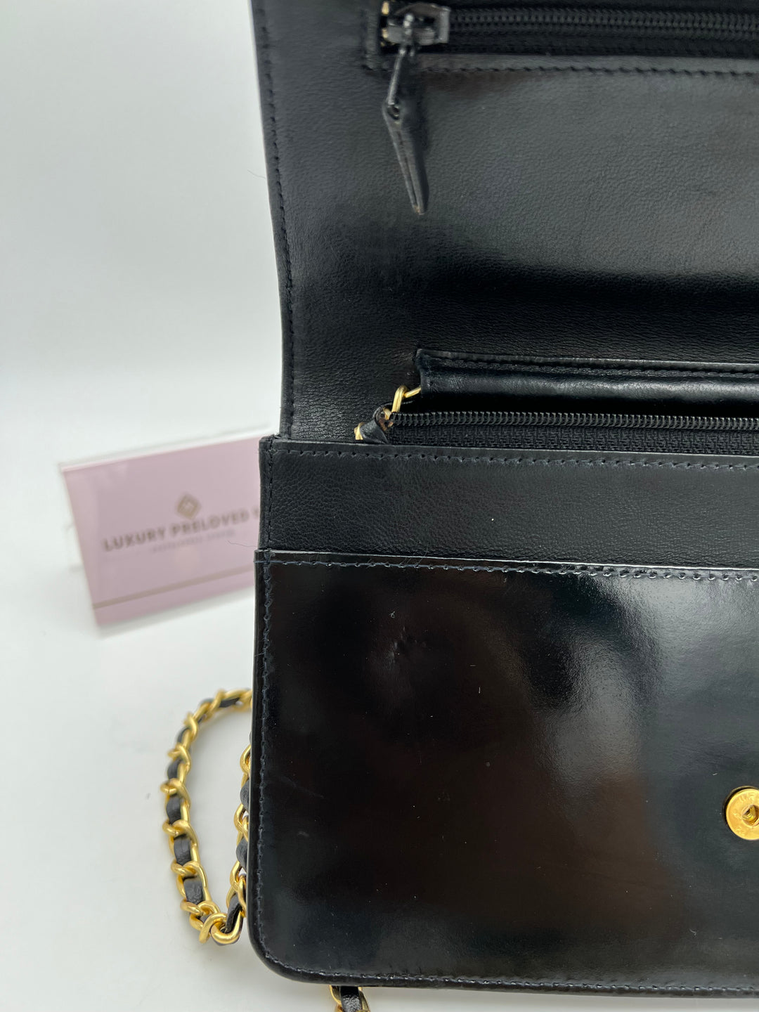 CHANEL TIMELESS WALLET ON CHAIN BLACK PATENT