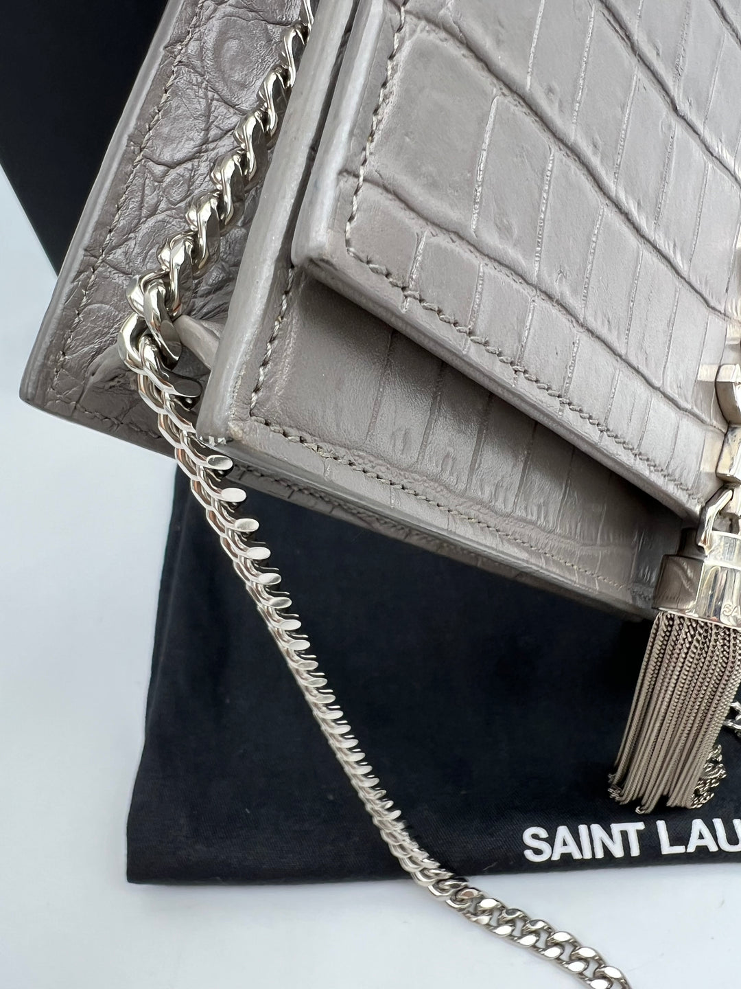 YVES SAINT LAURENT MONOGRAM KATE SMALL TASSEL EMBOSSED CROC BAG