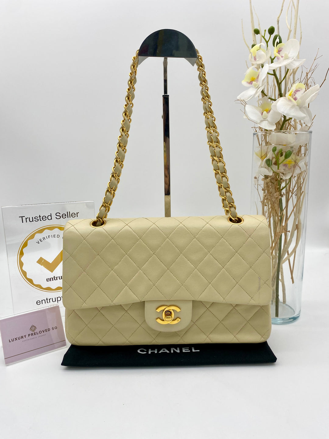 CHANEL VINTAGE DOUBLE FLAP LAMBSKIN BEIGE MEDIUM