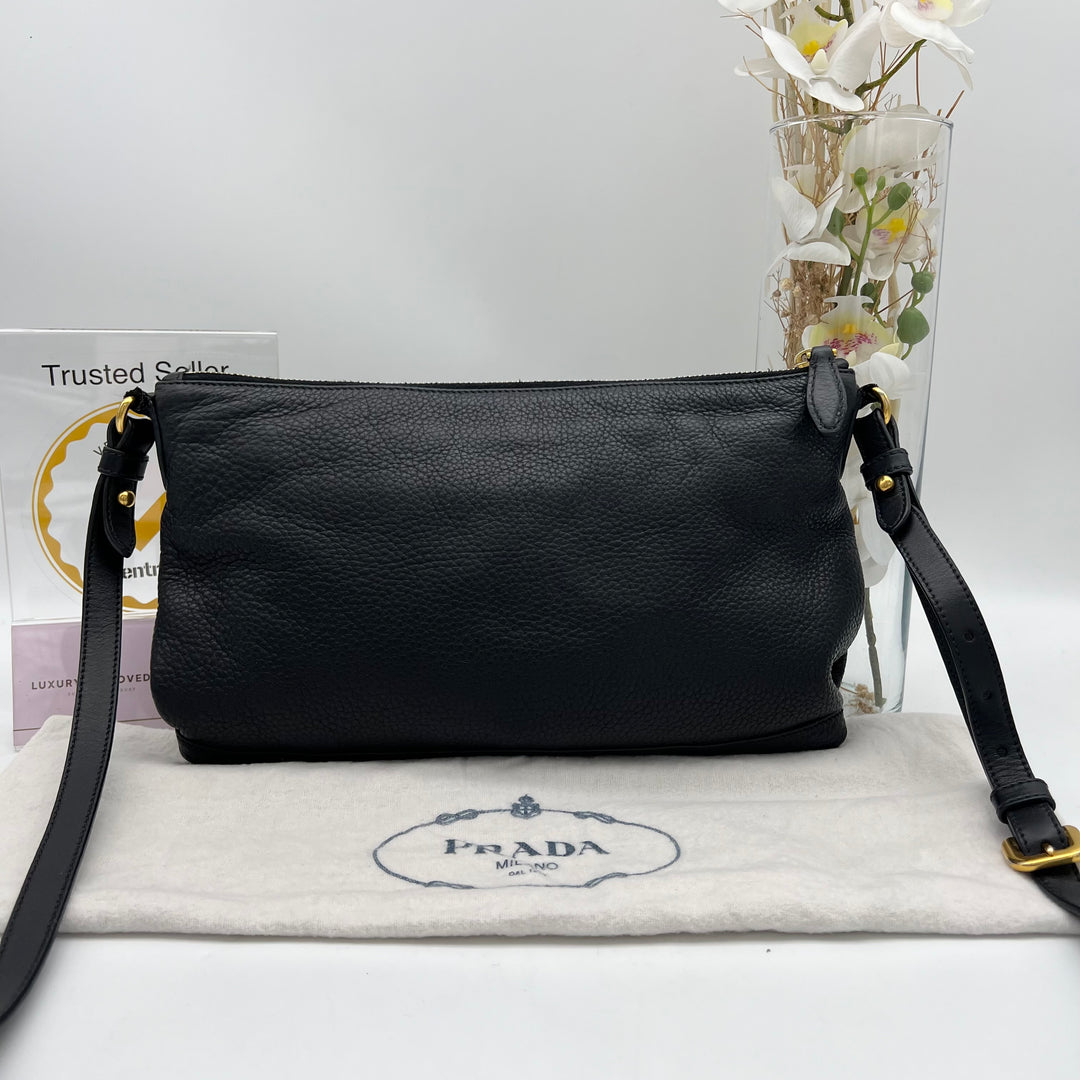 PRADA VITTELO DIANO SHOULDER BAG BLACK LEATHER