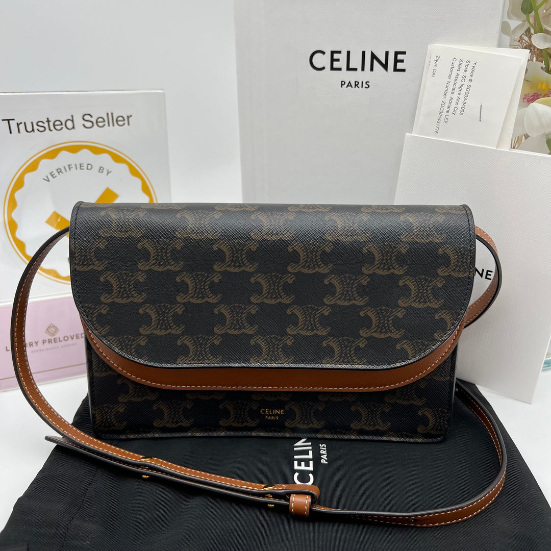 CELINE TRIOMPHE WALLET ON STRAP TAN