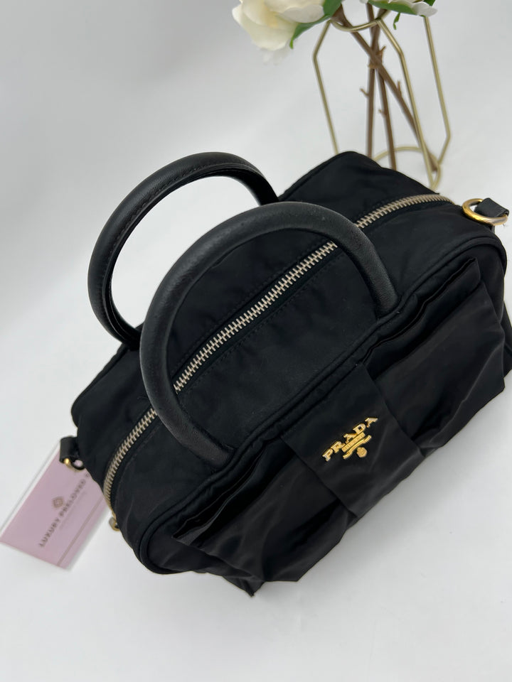 PRADA QUILTED BOW TOP HANDLE NYLON BAG
