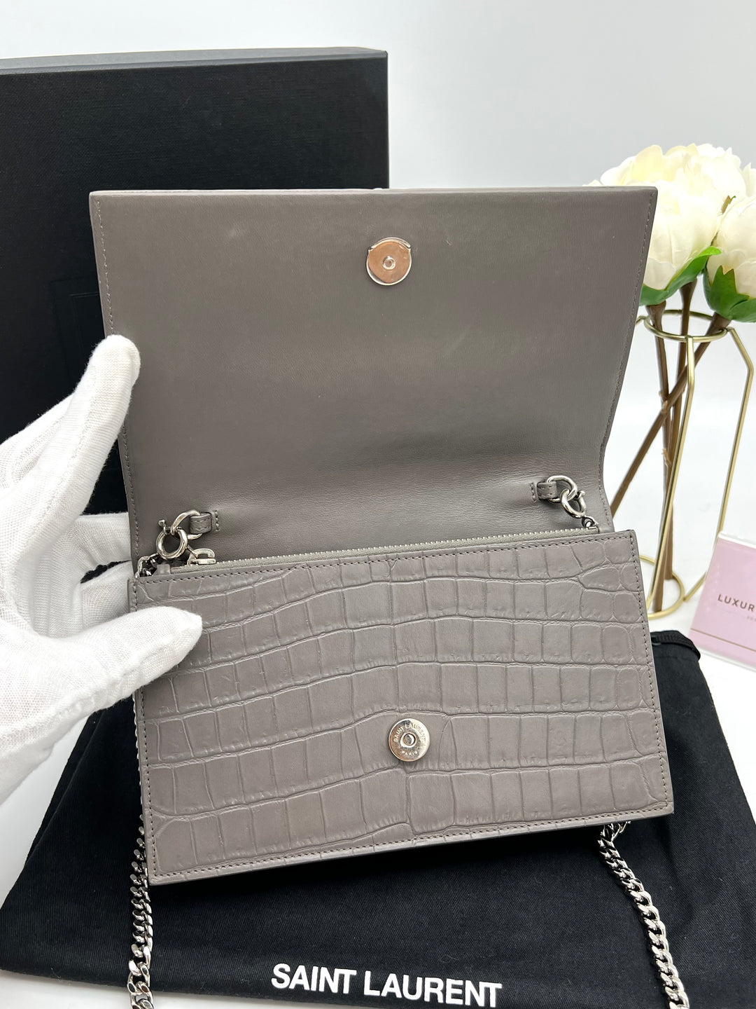 YVES SAINT LAURENT MONOGRAM KATE SMALL TASSEL EMBOSSED CROC BAG