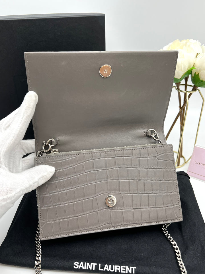 YVES SAINT LAURENT MONOGRAM KATE SMALL TASSEL EMBOSSED CROC BAG